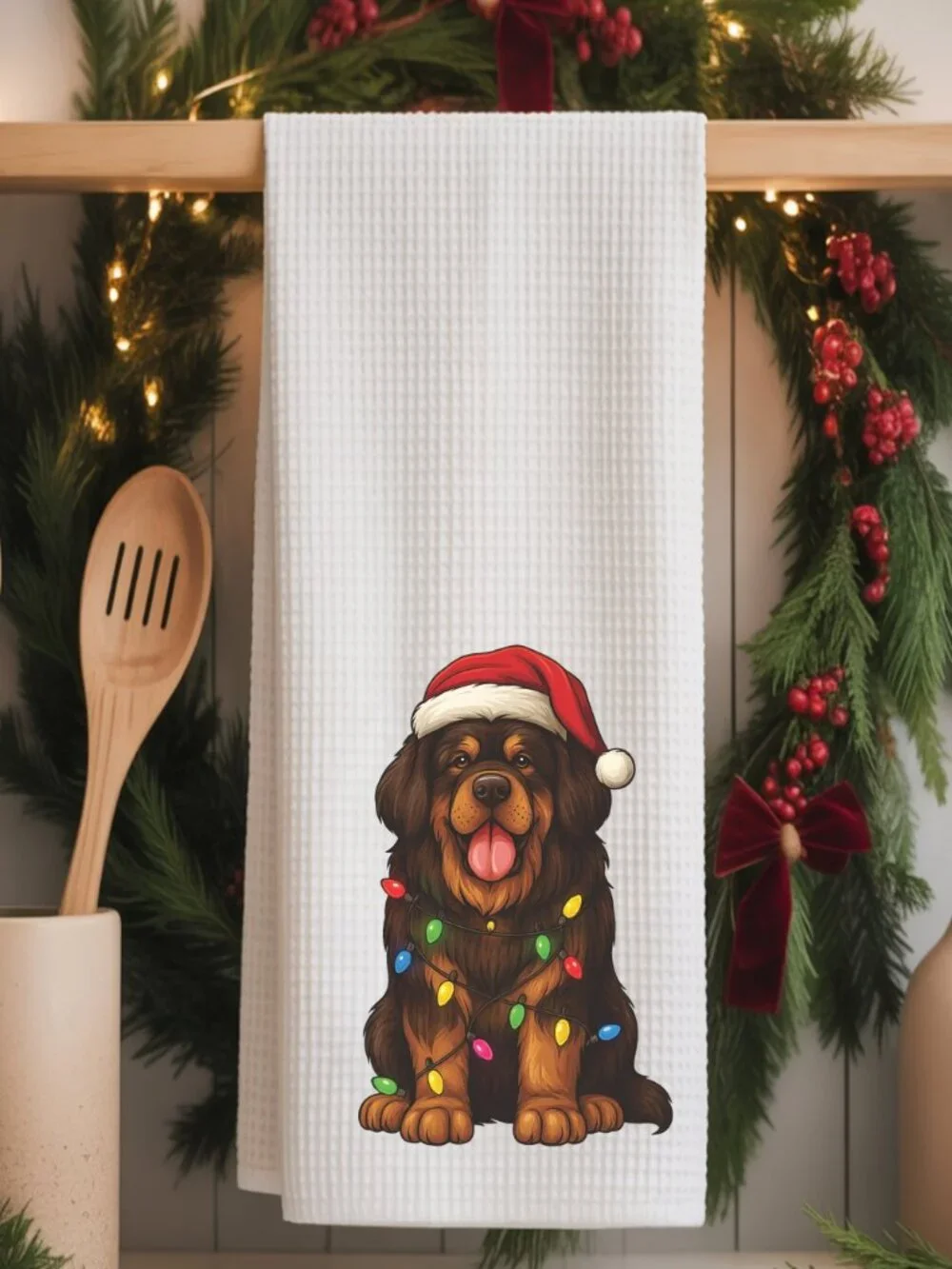 Tibetan Mastiff Christmas Lights Decorative Kitchen Tea Towel